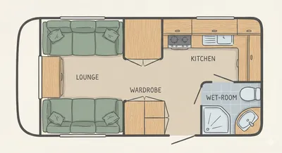 Swift Basecamp Plus floor plan - day mode
